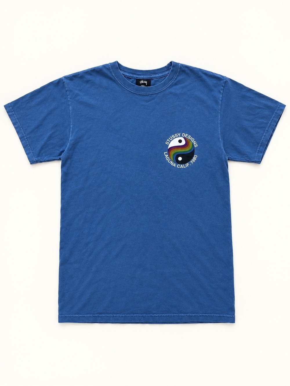 Stüssy Classic Rainbow Yin Yang Logo T-Shirt in blue, size Small NWOT
